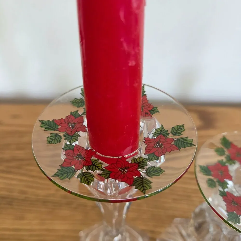 Vintage Candle Bobeches Wax Drip Catchers Pairs Clear, Green, & Poinsettia Pairs